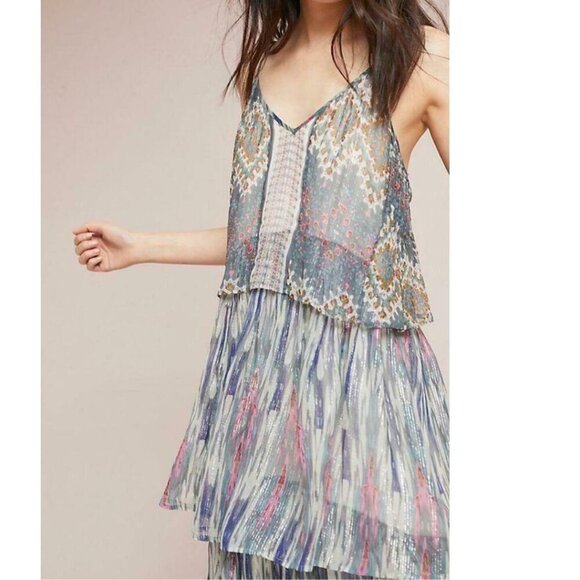 Anthropologie Floral Maxi Dress 2 Metallic Gray Pink Tiered Long Strappy Boho - Picture 6 of 9